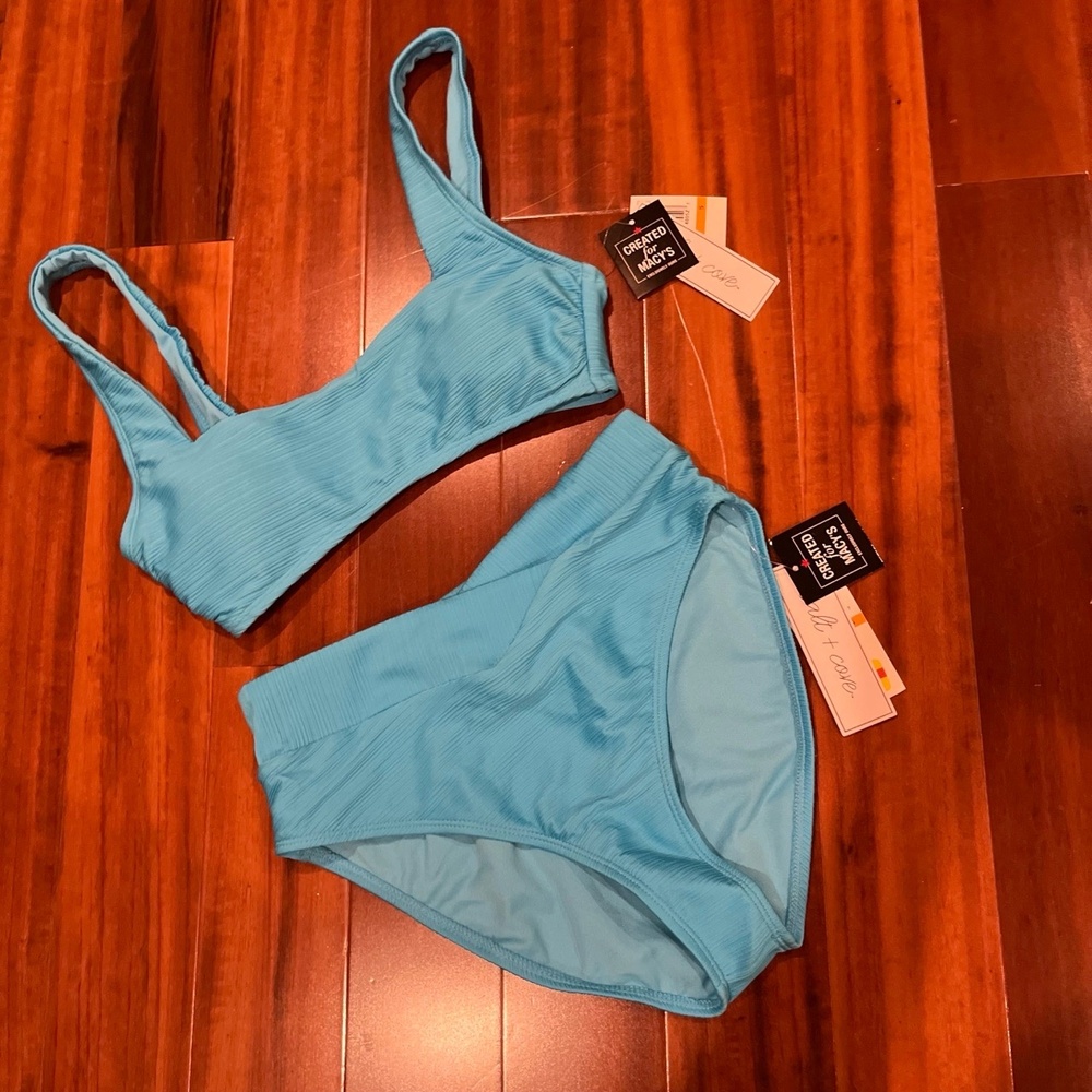 Salt Cove Blue Bikini Set Two Piece Swim Aqua Rib High Waist New NWT Size Small